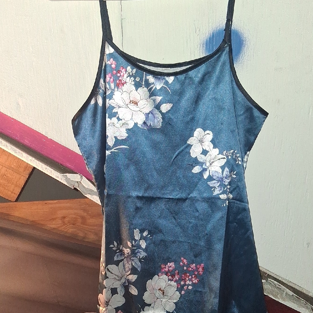 Blue Floral Satin Slip Dress,nighty